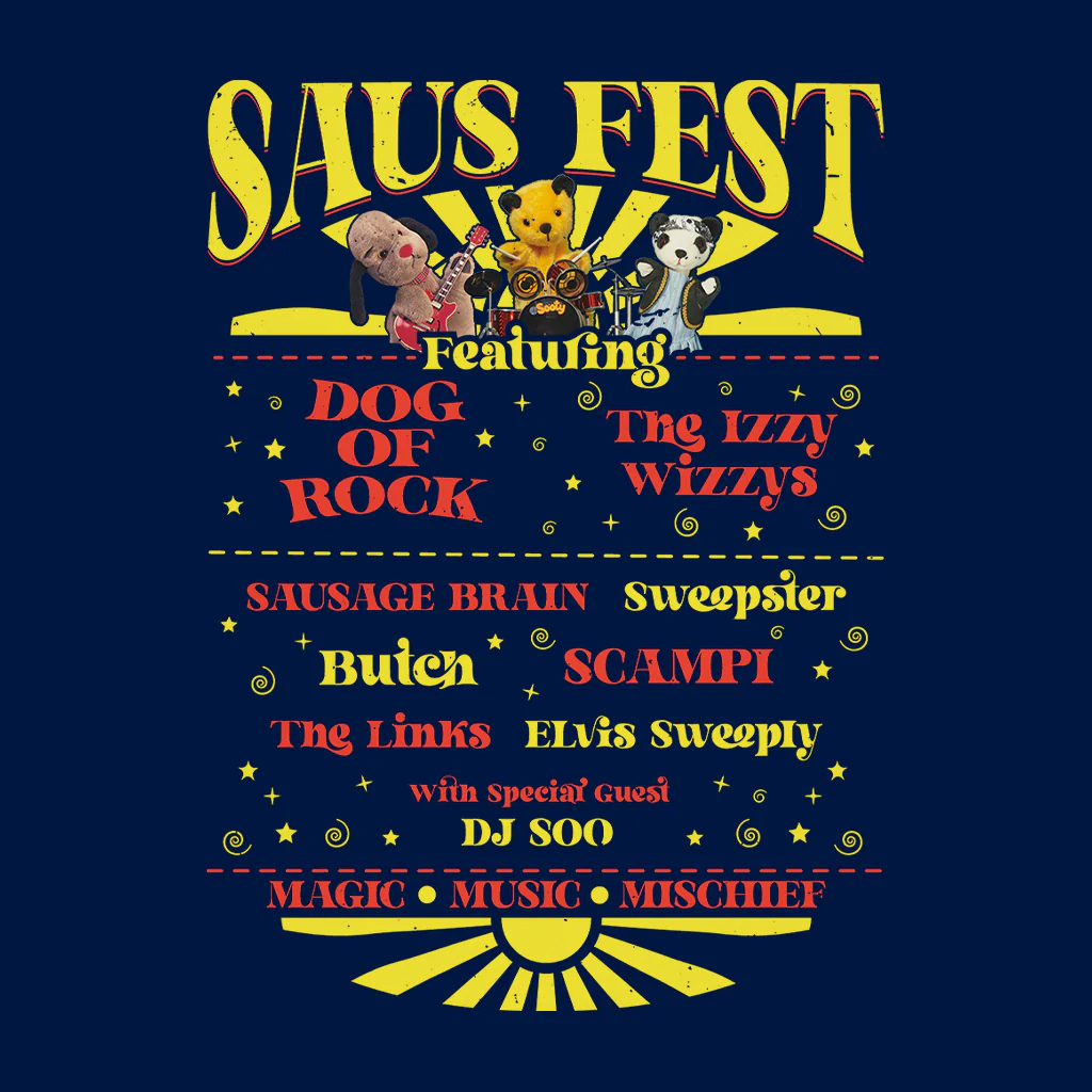 Sootyandco's tweet image. Saus Fest t-shirts are now available at Sooty's Shop! Who are you most excited to see?
Get yours here >> sootyshop.com/collections/ne…
#CosTootyPooSmesh