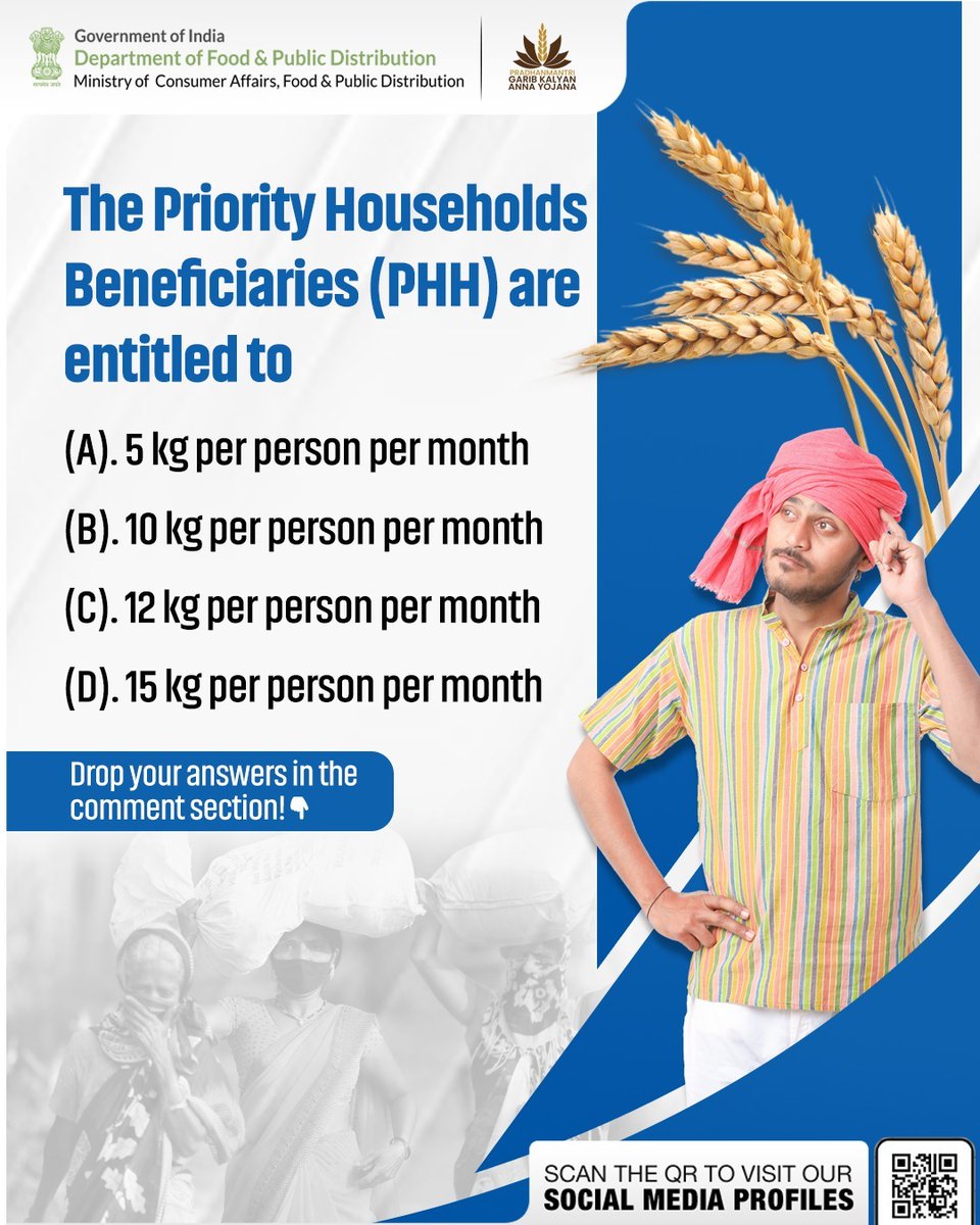 Do you know how many kilograms of food grains PHH beneficiaries are entitled to under the Pradhan Mantri Garib Kalyan Anna Yojana (PMGKAY)? 

Tell us in the comments! 
#FoodSecurity #PMGKAY