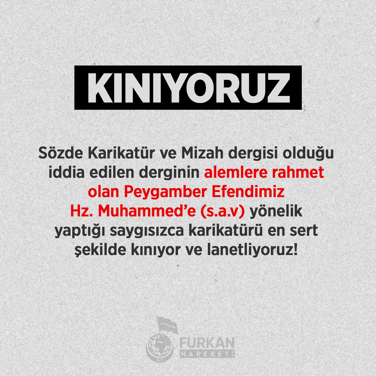 Sözde #karikatür ve mizah dergisi olduğu iddia edilen derginin alemlere rahmet olan Peygamber Efendimiz Hz. Muhammed’e (s.a.v) yönelik yaptığı saygısızca karikatürü en sert şekilde kınıyor ve lanetliyoruz!