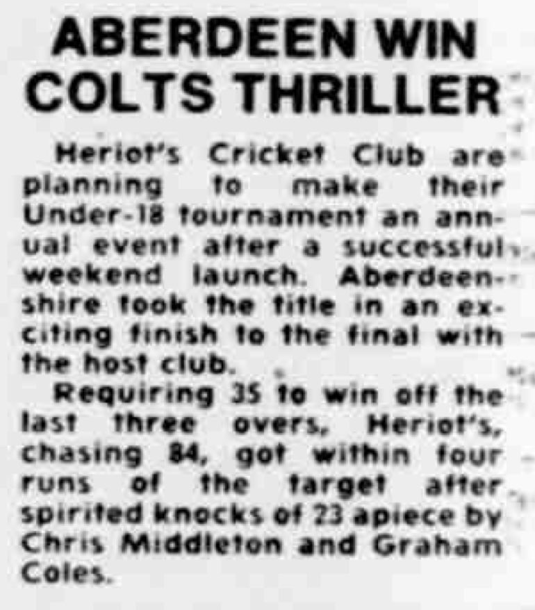 <a href="/HeriotsCricket/">Heriot’s Cricket Club</a> Under18 tournament won by <a href="/AberdeenshireCC/">AberdeenshireCC</a> <a href="/heriotsarchive/">Heriot's Cricket Archive</a>