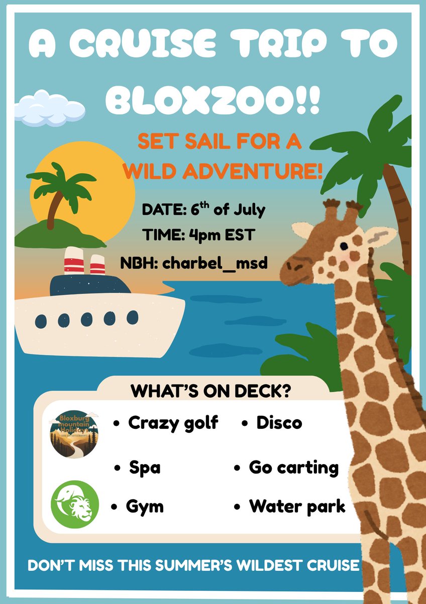 Ready for a cruise that’s wild and wonderful?
Join us as we sail to BloxZoo for a day packed with fun! 🐘🚢
Feel the ocean breeze
and make memories that’ll roar forever.

Adventure, laughter, and surprises await your perfect escape is just one voyage away! 🌊🦒✨