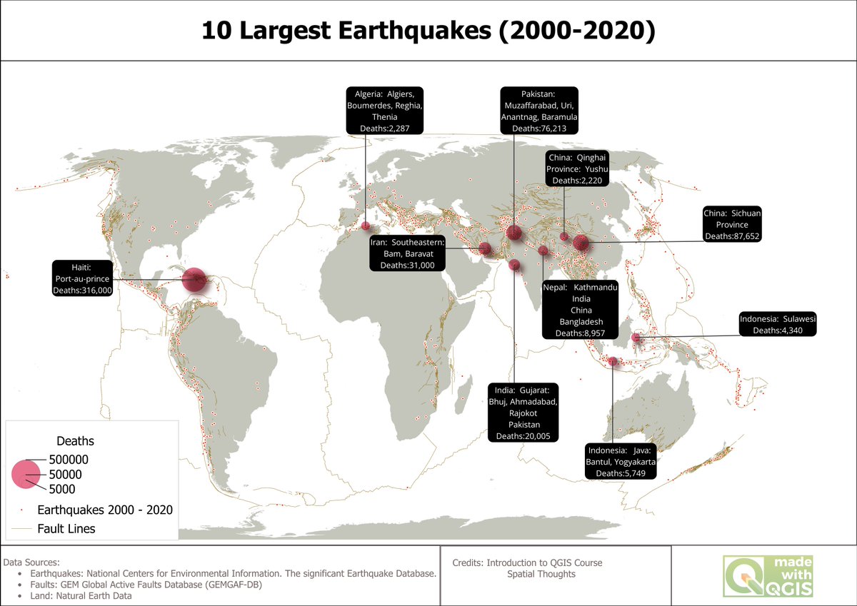 📍 Mapped: 10 Largest Earthquakes (2000–2020)
🟩 Created using QGIS

#GIS #QGIS #Geospatial #Earthquakes #Mapping #DataViz #Cartography