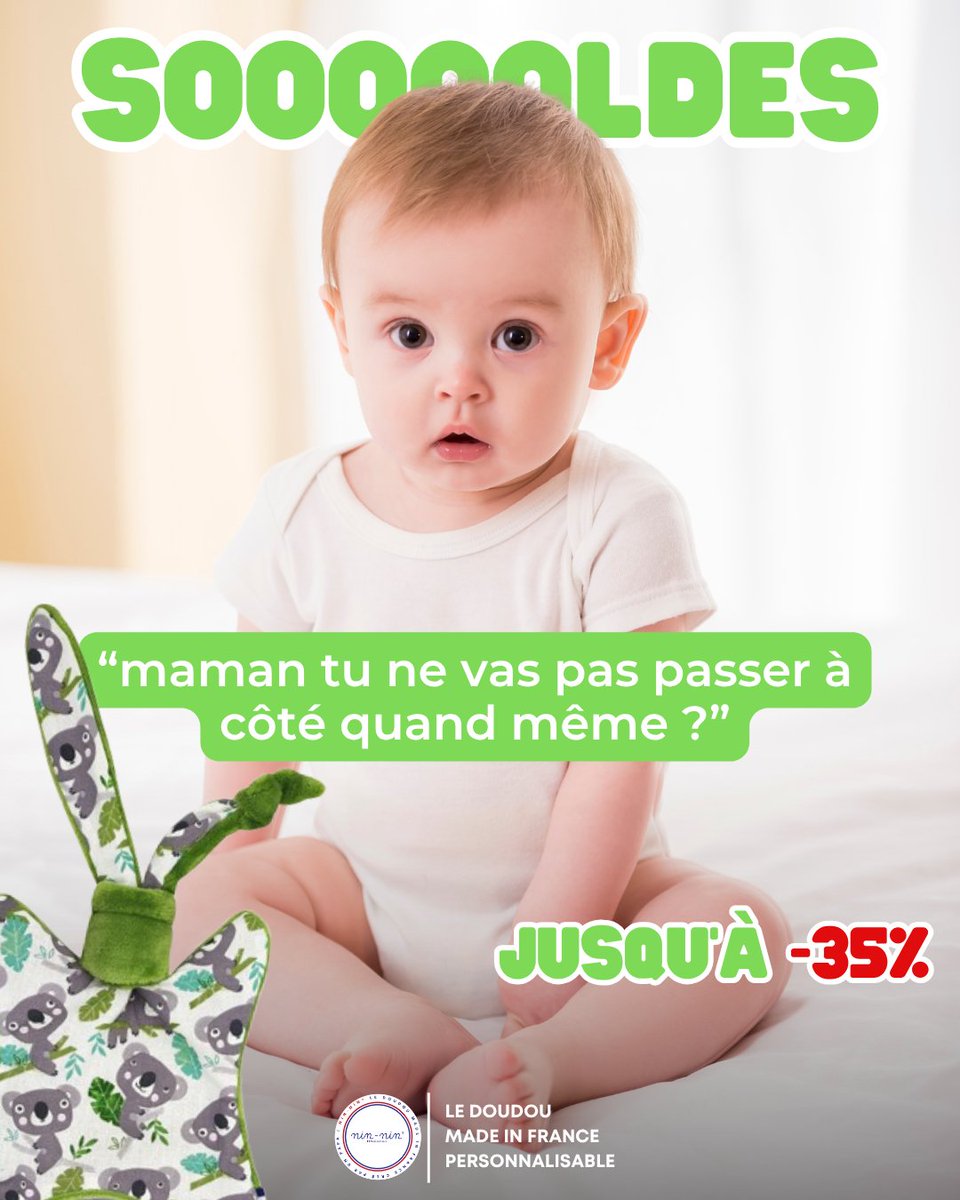 🛍️ Parents, grands-parents, tontons, marraines et copines attention…
🚨 Les SOLDES chez Nin-Nin, c’est parti ! 🧸

Du 25 juin au 22 juillet, profitez de jusqu’à -35 % sur une sélection de doudous, accessoires et petites merveilles…