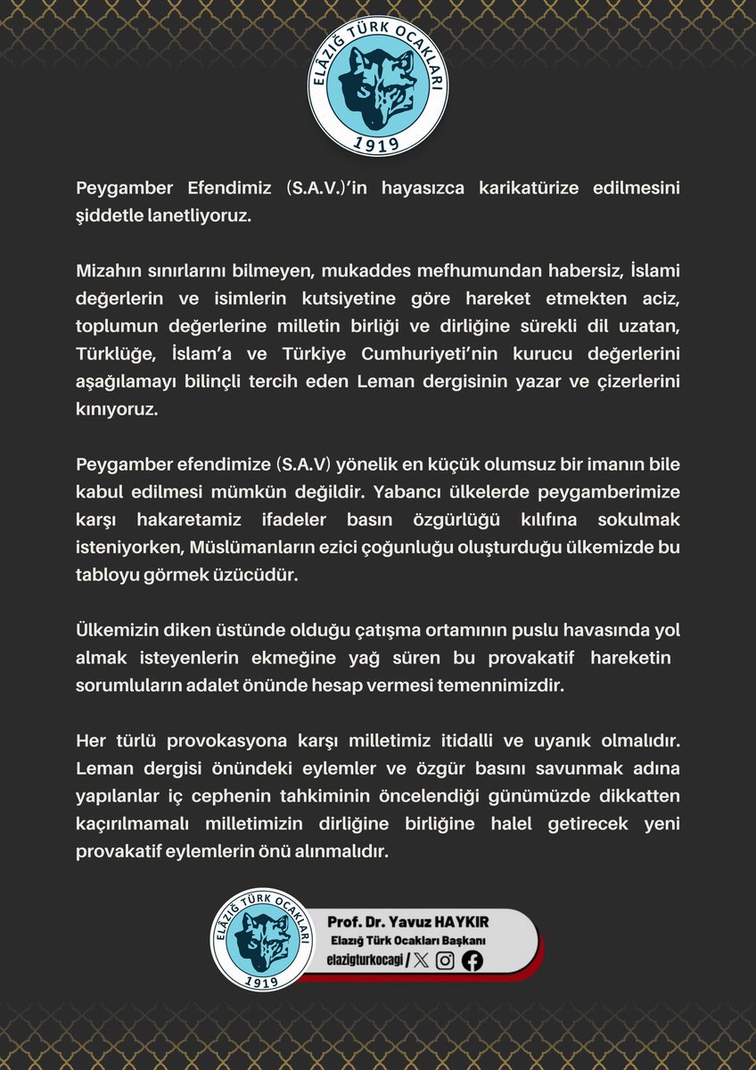 PEYGAMBER EFENDİMİZ (S.A.V.)’İN HAYASIZCA KARİKATÜRİZE EDİLMESİNİ ŞİDDETLE KINIYORUZ.

Mizahın sınırlarını bilmeyen, mukaddes mefhumundan habersiz, İslami değerlerin ve isimlerin kutsiyetine göre hareket etmekten aciz, toplumun değerlerine milletin birliği ve dirliğine sürekli