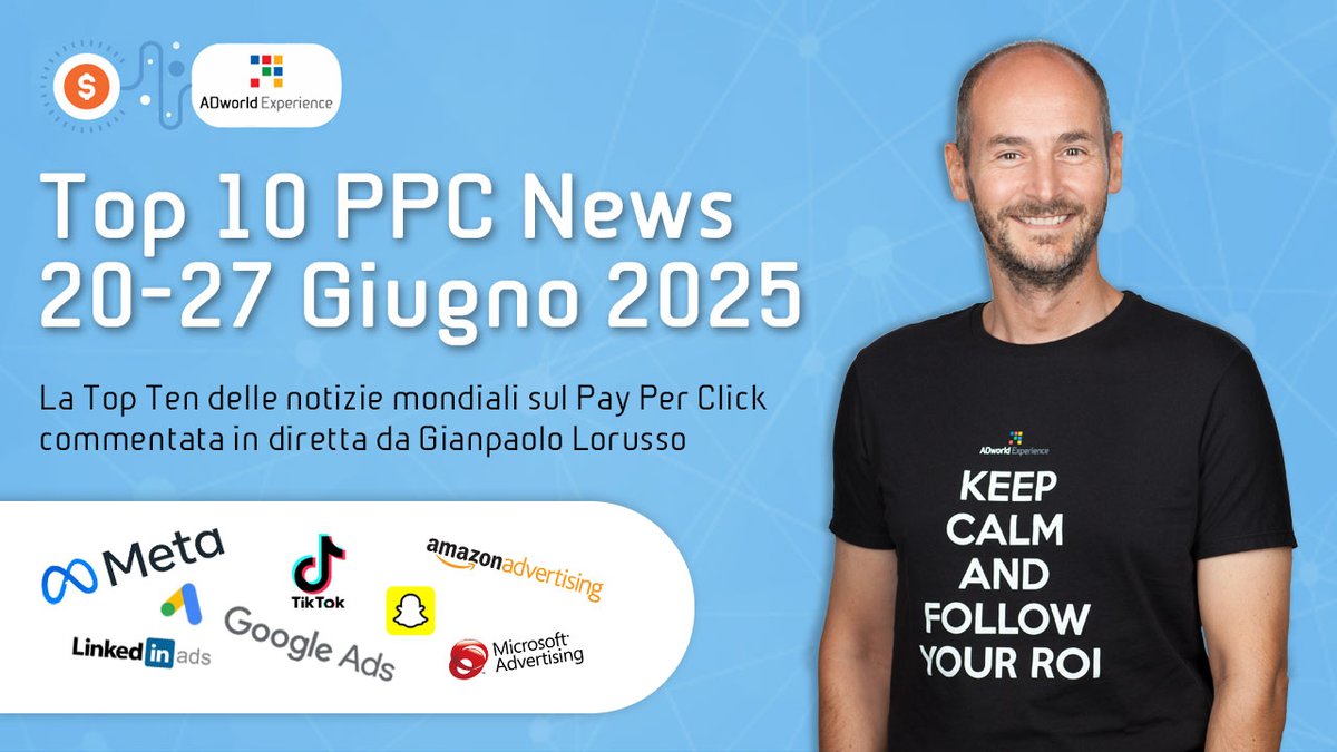🔝 #PPC News 20-26 giugno
#GoogleAds impressioni su &amp; CTR giù - effetto double serving?, audience layering &amp; smart bidding etc
#MetaAds Adv+ vendita suggerimenti, conversioni abbinabili
#TikTokAds offerte countdown nelle live (in US)
adworldexperience.it/top-10-notizie…
Che il ROI sia con te