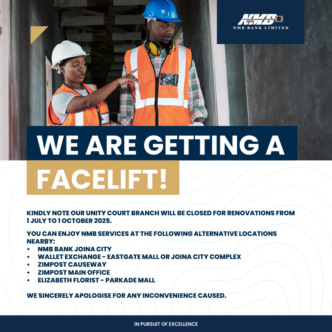NMBBankZim's tweet image. Dear Valued Client
Kindly note our Unity Court branch will be closed for renovations
Between 1 July and 1 October 2025.
You can enjoy NMB services at the following alternative locations nearby:
◦NMB Bank Joina City
◦Wallet Exchange - Eastgate Mall or Joina City Complex…