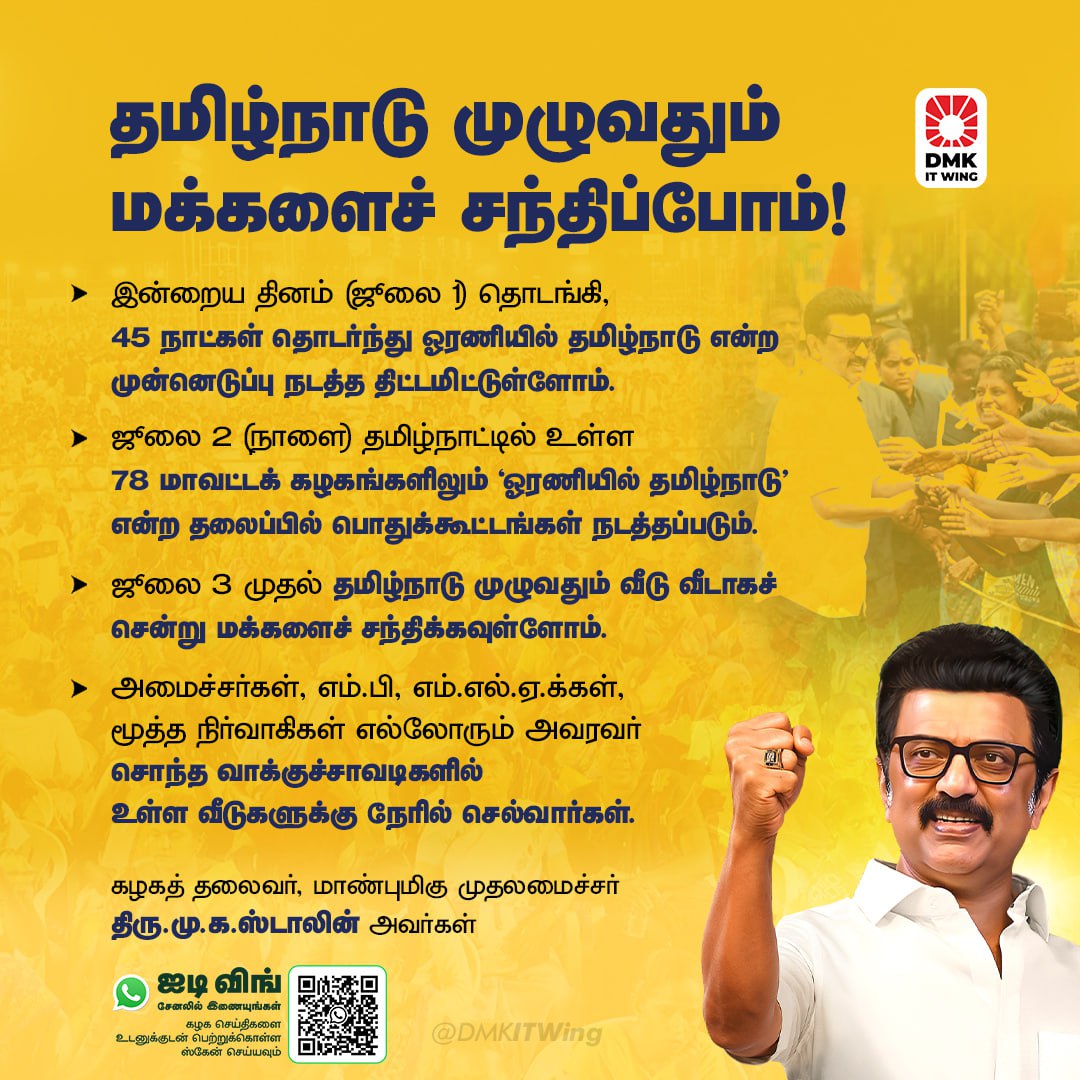இன்றைய தினம் (ஜூலை 1) தொடங்கி, 45 நாட்கள் தொடர்ந்து ஓரணியில் தமிழ்நாடு என்ற முன்னெடுப்பு நடத்த திட்டமிட்டுள்ளோம்.

ஜூலை 2 (நாளை) தமிழ்நாட்டில் உள்ள 78 மாவட்டக் கழகங்களிலும் ஓரணியில் தமிழ்நாடு' என்ற தலைப்பில் பொதுக்கூட்டங்கள் நடத்தப்படும்.

ஜூலை 3 முதல் தமிழ்நாடு முழுவதும் வீடு