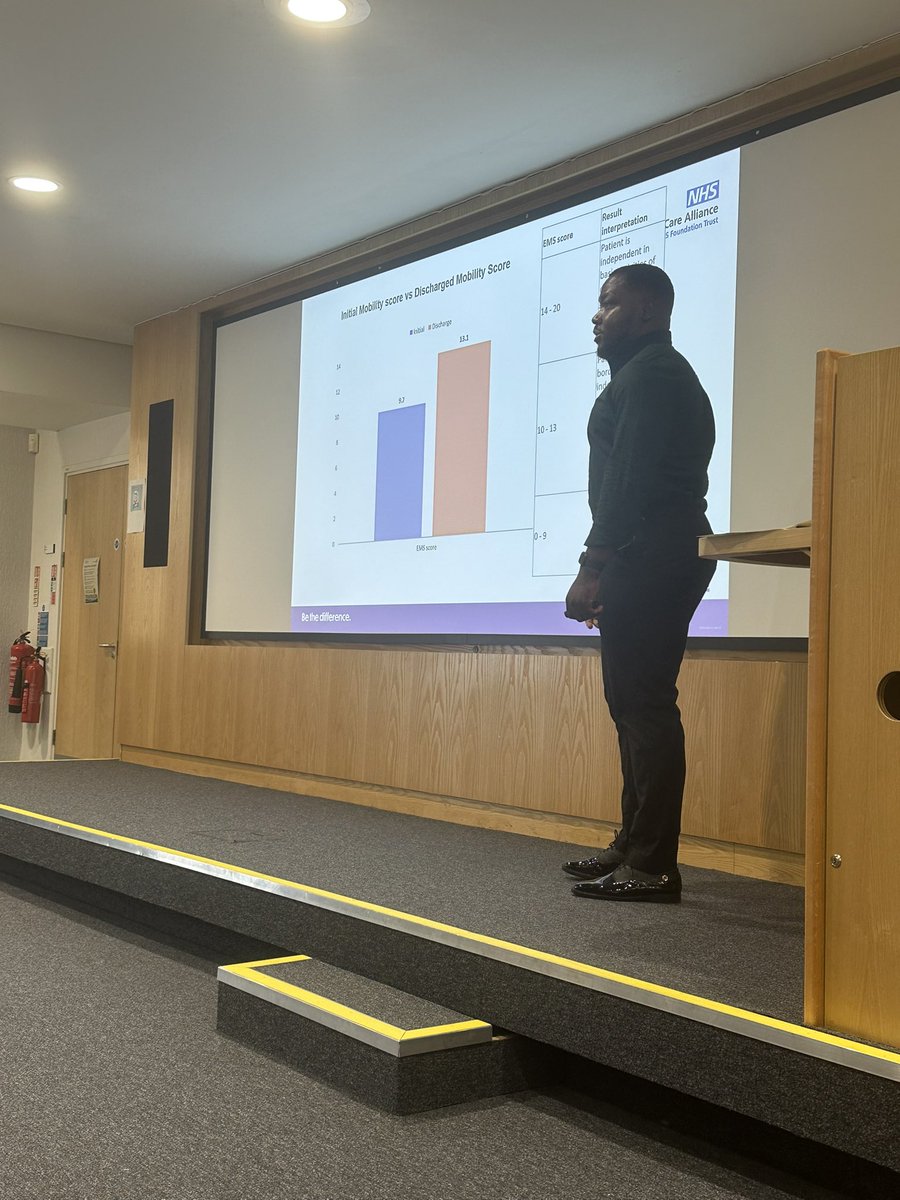 QualityNCA's tweet image. Next on the agenda we have the physio and occupational therapy team from ward 24. Temi shares their improvement project around increasing patients discharge mobility score. A higher score indicates a reduced level of support required on discharge.