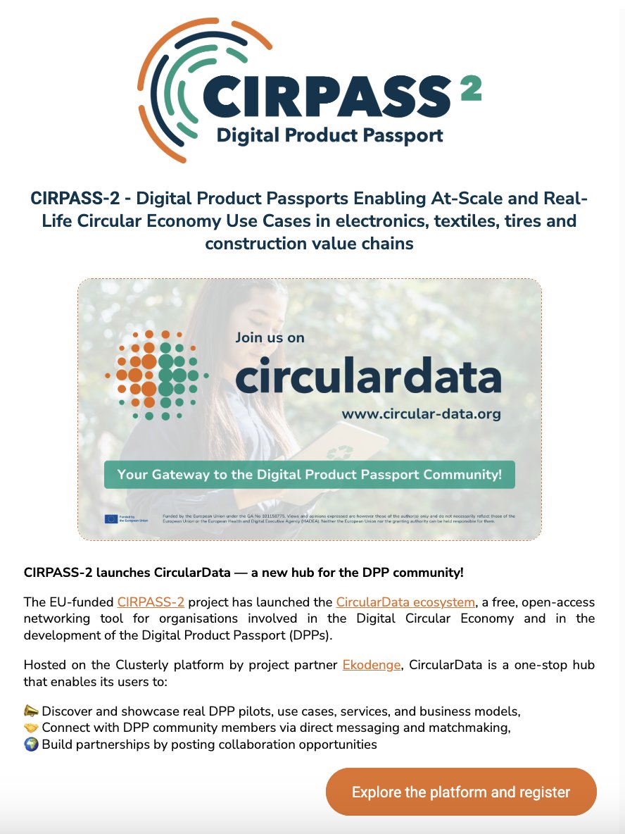 🚀 Discover CircularData – the new collaboration hub for the Digital Product Passport community, featured in the latest CIRPASS-2 newsletter! 🗞️ 

👀 + Explore other DPP projects and upcoming opportunities. ♻️ #dpp

➡️ Read here: mailchi.mp/cirpass2/join-…