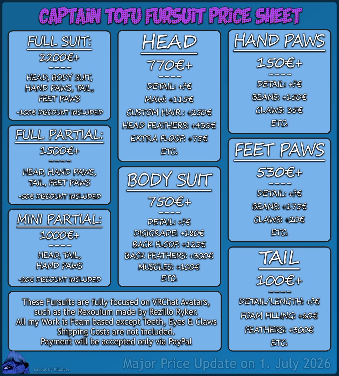 Commissions are Open!
Today is a day to celebrate, It's the first Day of my very own Fursuit Business🥳

Interested? Feel free to contact me on Discord and I'll have a look at your sona. I'm also happy to give any species a try! ^^
Discord: captain_tofu
#fursuitmaker
