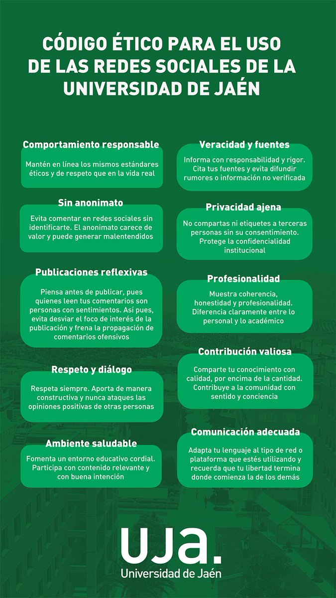 ‘Código Ético para el Uso de las Redes Sociales’ de la UJA para promover una comunidad universitaria inclusiva, respetuosa y comprometida con los derechos humanos, la igualdad y la convivencia pacífica en el entorno digital

ujaen.es/gobierno/vicco…