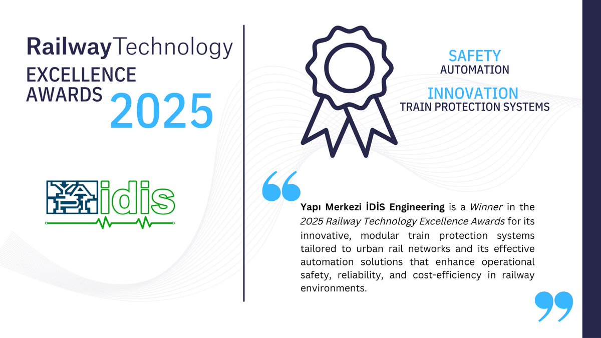 Yapı Merkezi İDİS Engineering, a subsidiary of Yapı Merkezi, has been honoured at the 2025 Railway Technology Excellence Awards for its pioneering work in railway technology.

Find out more here - bit.ly/4klU6FN
