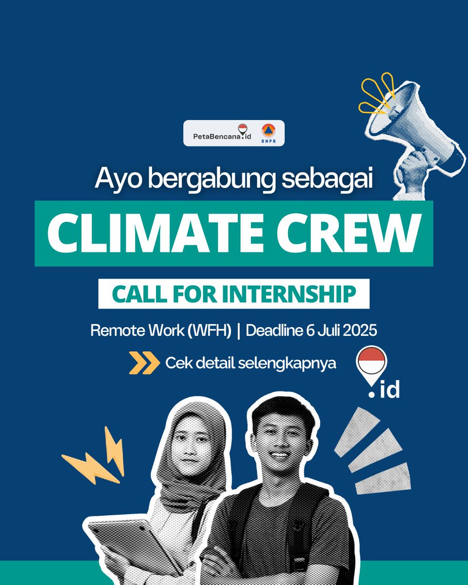 petabencana's tweet photo. CALL FOR INTERNSHIP | Be Part of the #ClimateCrew 🌍
🔥 Punya passion di adaptasi perubahan iklim?
🎨 Suka kelola data spasial?
📱 Melek teknologi?
💪 Mau bangun ketangguhan komunitas?
Gabung jadi Geospatial Data Officer di https://t.co/STDCUzEgnZ!
#GreenJobs #ClimateCareers https://t.co/AqTJNknPY9