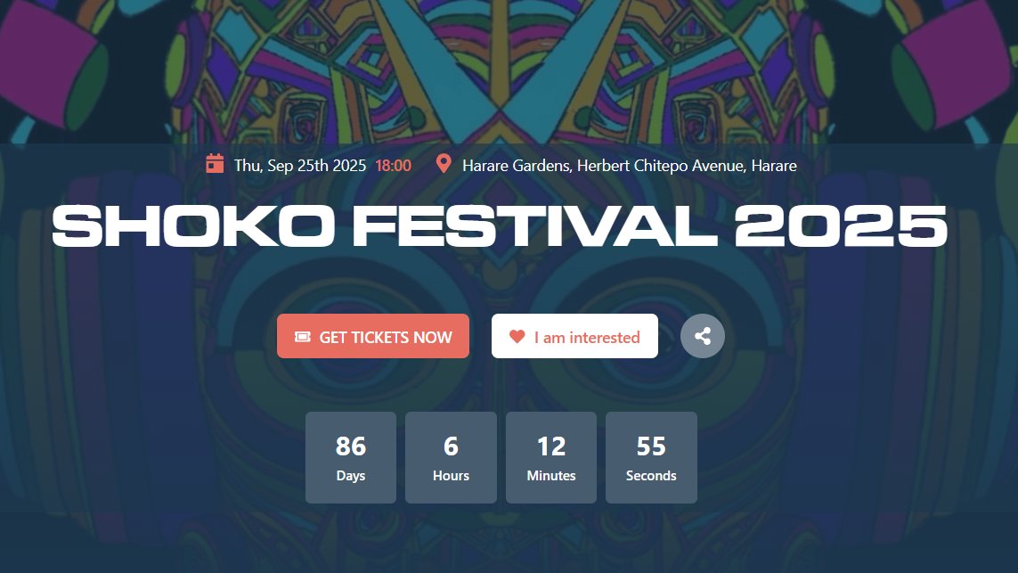 Shoko Festival (@shokofestival) on Twitter photo Shoko Festival 2025 tickets are officially LIVE on <a href="/flippin_tickets/">flippin tickets</a>!!! Real ones are already locking in.
Grab yours now: flippintickets.co.zw/events/314/sho…
#ShokoFestival #TheLegacy Shoko Festival 2025 tickets are officially LIVE on <a href="/flippin_tickets/">flippin tickets</a>!!! Real ones are already locking in.
Grab yours now: flippintickets.co.zw/events/314/sho…
#ShokoFestival #TheLegacy