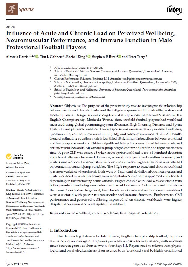 NEW PAPER: Influence of Acute and Chronic Load on Perceived Wellbeing, Neuromuscular Performance, and Immune Function in Male Professional Football Players

mdpi.com/2075-4663/13/6…