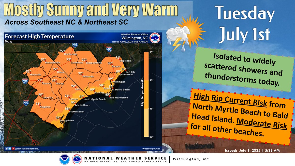 Mostly sunny skies with isolated to widely scattered showers &amp; tstms are expected today amidst highs in the upper 80s to low 90s. An approaching cold front may permit somewhat greater coverage for areas west of I-95 late this afternoon into the evening before activity dissipates.
