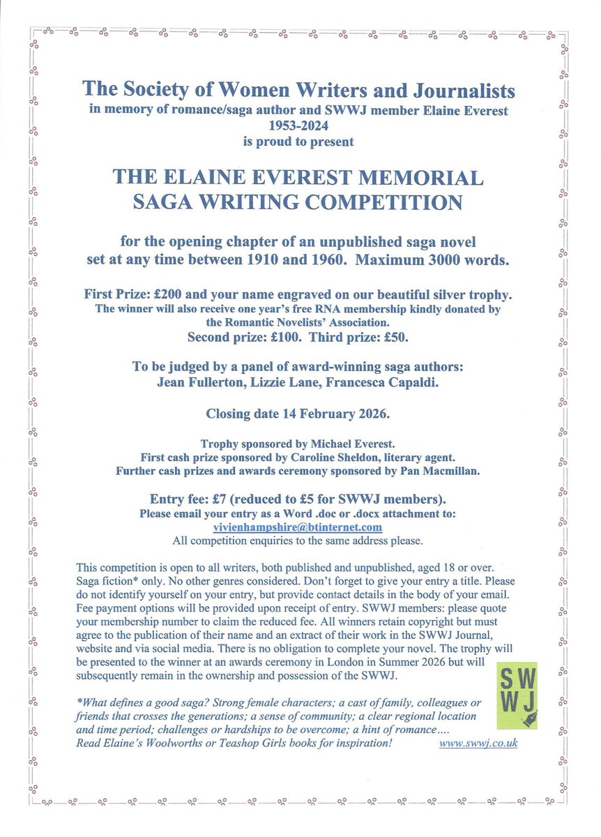 They say a picture is worth a thousand words…what about a writing competition for saga writers…
-
-
-
-
Enter 3000 words of your unpublished saga for The Elaine Everest Memorial Saga Writing Competition.

Your words are worth more than a picture.

Terms and conditions below.