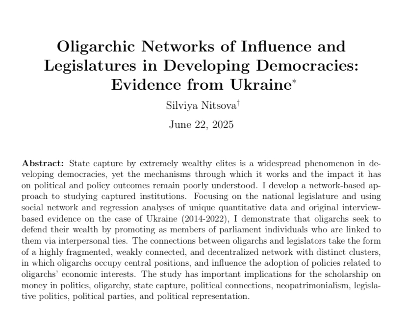 🚨New research🚨
osf.io/preprints/osf/…
How do oligarchs foster favorable policy outcomes in developing democracies?
I used SNA and regression analysis of unique quantitative data and original interview-based evidence on the case of Ukraine 🇺🇦 (2014-2022).
Here’s what I found.