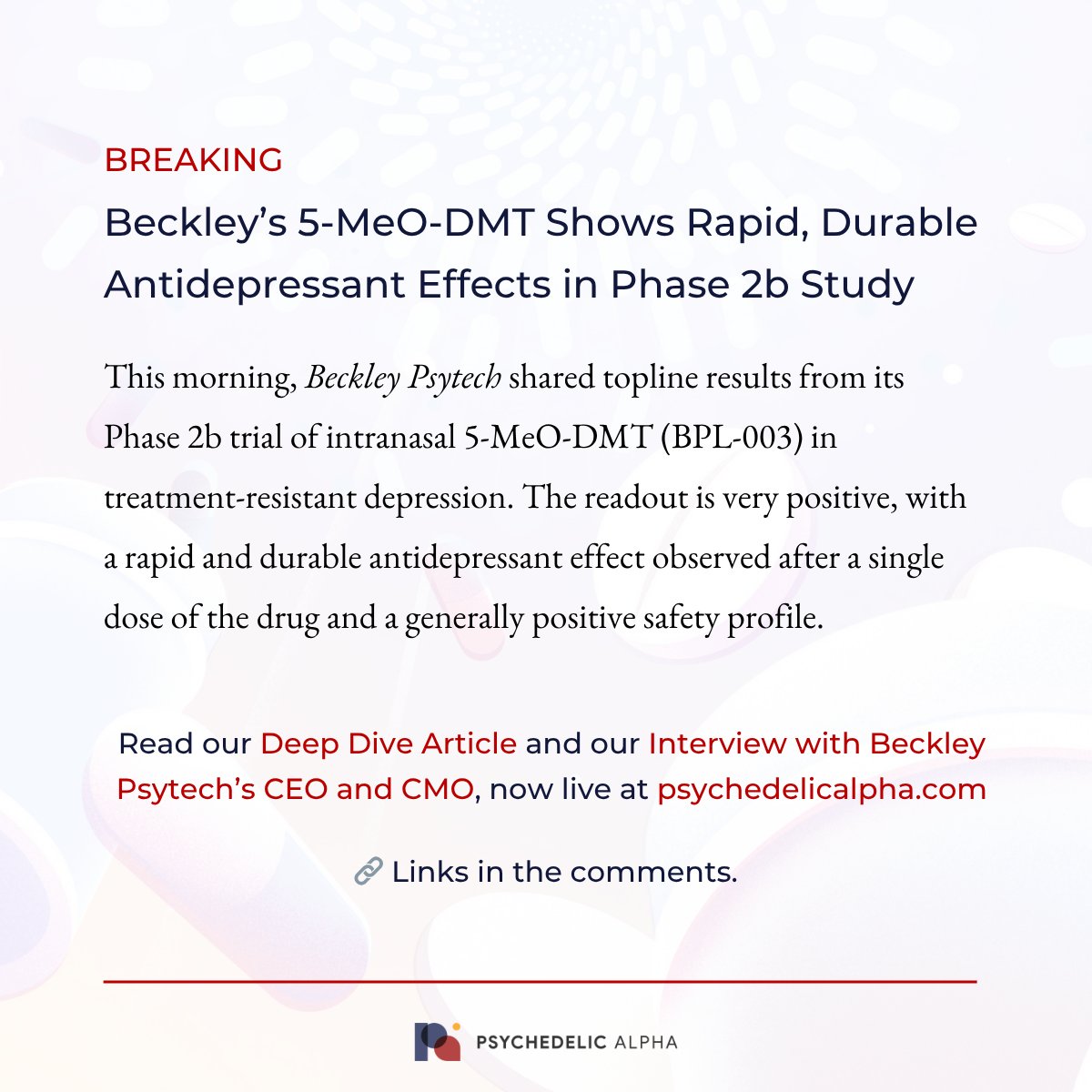 BREAKING: Beckley's 5-MeO-DMT Shows Rapid, Durable Antidepressant Effects in Phase 2b Study

Read our analysis of the largest study of 5-MeO-DMT: psychedelicalpha.com/news/beckleys-…