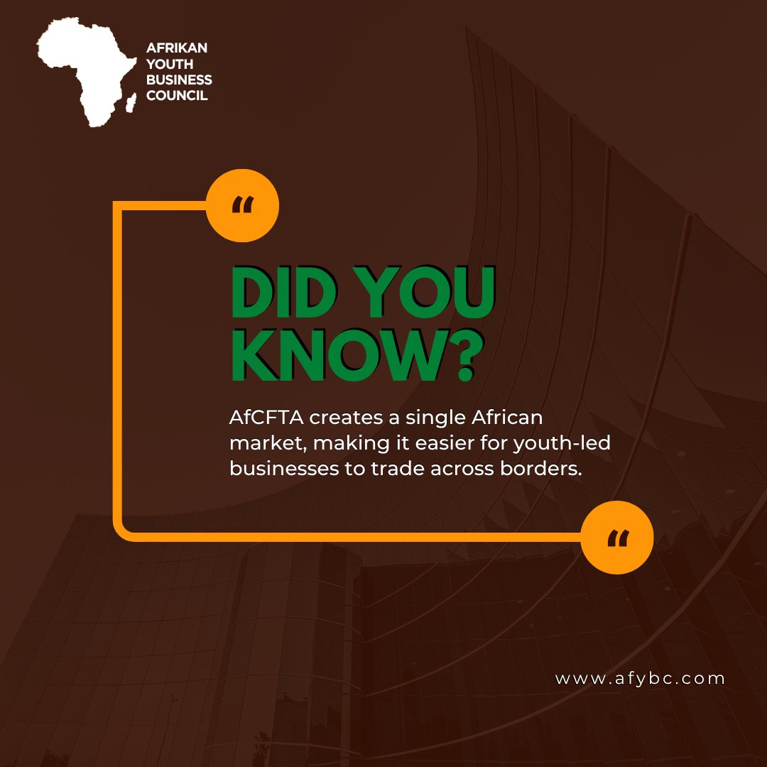 Africa’s free trade area is helping youth businesses grow beyond borders! 

Tell us about your business - get featured on AfYBC’s socials and spark interest from investors or partners!

📝 Survey: tinyurl.com/2kmcrfzv

#AfCFTA #YouthInTrade #AfYBC