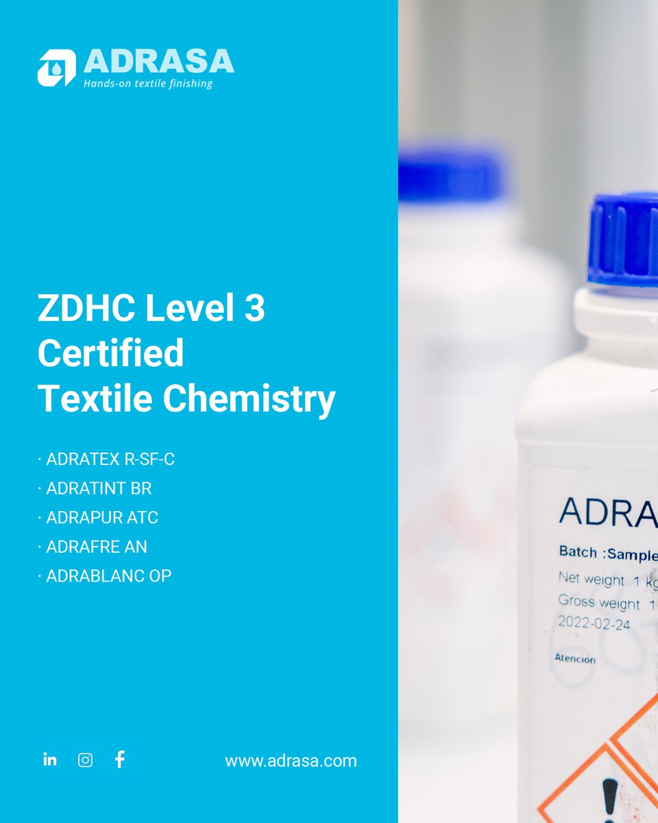 _adrasa's tweet photo. ✅ Did you know ADRASA has 98 ZDHC Level 3 textile chemistry products?
Here are five that combine high performance with environmental safety.
🔗 Discover more at https://t.co/1yqi5QKKgr

#ADRASA #ZDHCLevel3 #TextileChemistry #SustainableChemistry #TextileInnovation #CleanTextiles https://t.co/x14GIaovMr