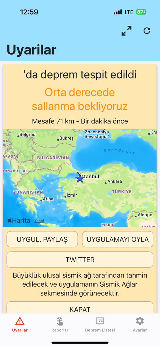 Deprem ağı uygulaması bu defa abarttı orta derecede sallanma demesine rağmen hiç hissetmedik
