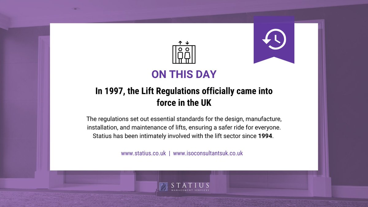 ThisIsStatius's tweet image. In 1997, the Lift Regulations came into force in the UK, enhancing safety and efficiency in vertical transportation for all. Statius has supported the lift sector since 1994, aiding companies with CE Marking.
Learn more: statius.co.uk/sectors/lifts/
#LiftRegulations #SafetyFirst
