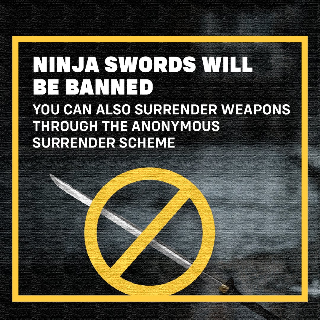 From 1 August, anyone caught in possession of a ninja sword could face a prison sentence under new measures.

Owners can surrender them at Bishopsgate Police Station, under the Government-led scheme which runs until 31 July.

More info at cityoflondon.police.uk/news/city-of-l…