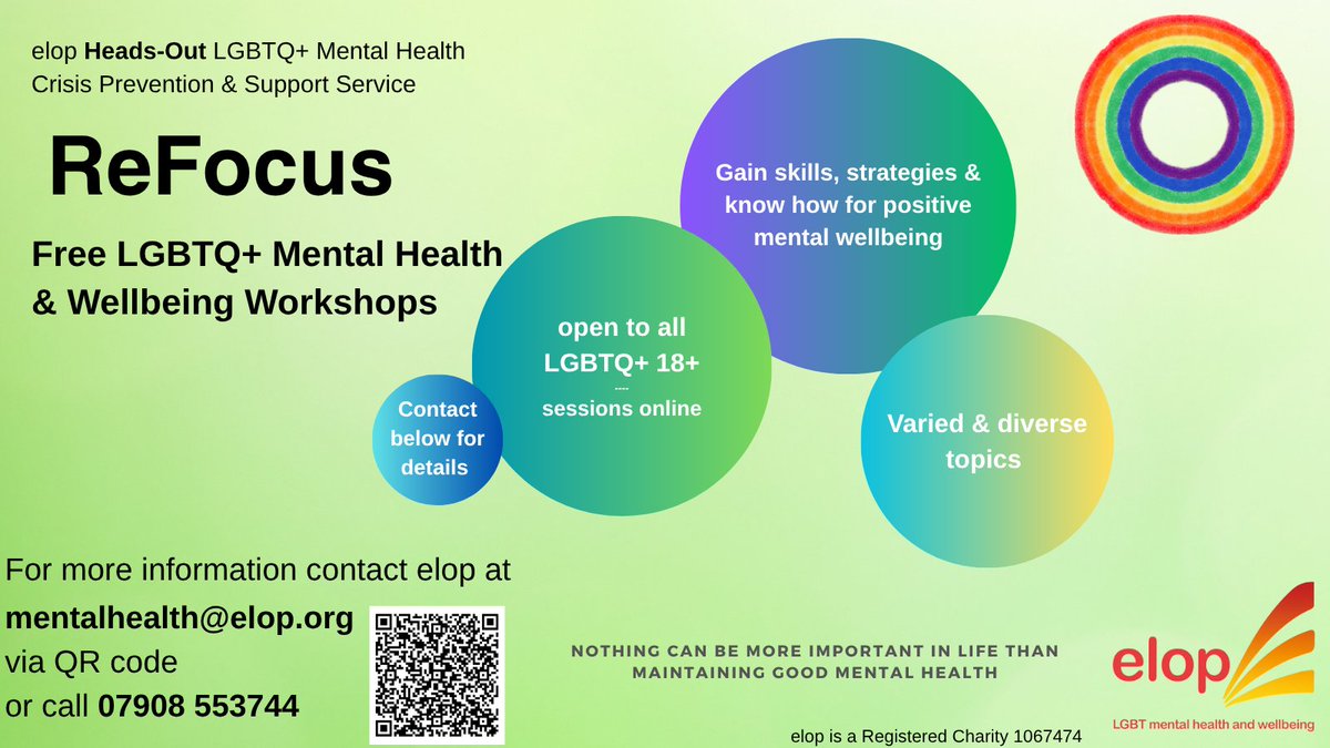 ๐ณ๏ธโ๐elop LGBT mental health and wellbeing (@elop_lgbt) on Twitter photo ReFocus are #LGBTQ wellbeing workshops designed to help you learn new skills & strategies to manage your mental health ๐ณ๏ธโ๐โง๏ธ
Join our first workshop on the 4 July 4pm to learn about coping with anxiety.
Email mentalhealth@elop.org to sign up
<a href="/lgbthero/">LGBT HERO</a> <a href="/LdnLGBTQCentre/">London LGBTQ+ Community Centre</a> ReFocus are #LGBTQ wellbeing workshops designed to help you learn new skills & strategies to manage your mental health ๐ณ๏ธโ๐โง๏ธ
Join our first workshop on the 4 July 4pm to learn about coping with anxiety.
Email mentalhealth@elop.org to sign up
<a href="/lgbthero/">LGBT HERO</a> <a href="/LdnLGBTQCentre/">London LGBTQ+ Community Centre</a>