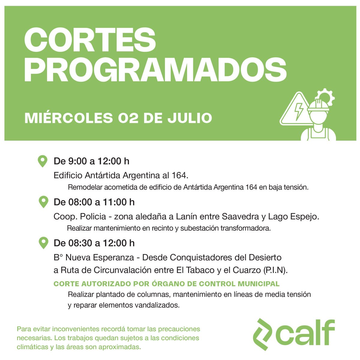 Calf informa los cortes programados para este miércoles 2 de julio.
#Calf #Neuquen