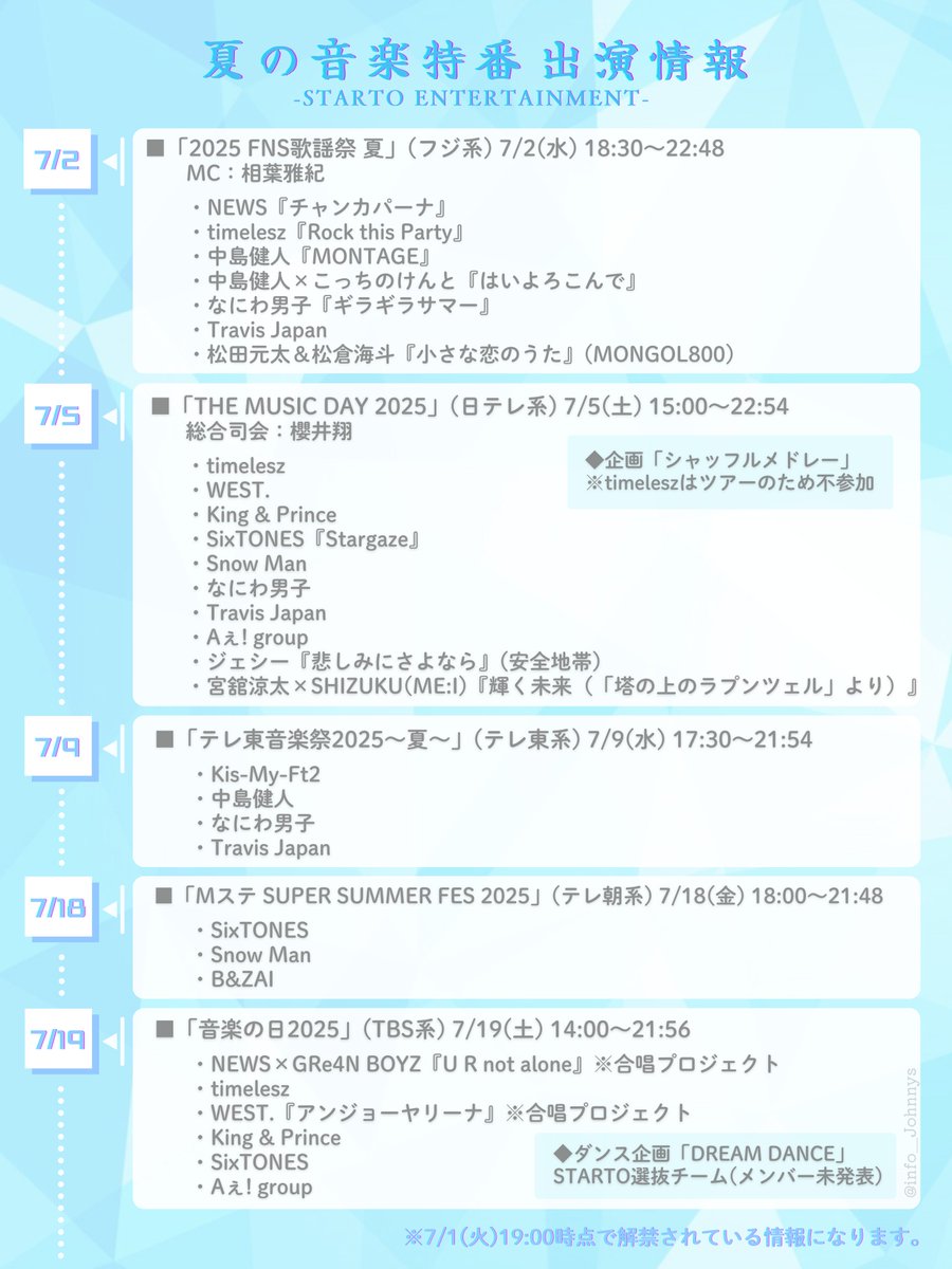 【夏の音楽特番 出演情報】

■7/2(水)「2025 FNS歌謡祭 夏」
■7/5(土)「THE MUSIC DAY 2025」
■7/9(水)「テレ東音楽祭2025～夏～」
■7/18(金)「Mステ SUPER SUMMER FES 2025」
■7/19(土)「音楽の日2025」

#FNS歌謡祭夏 #THEMUSICDAY
#テレ東音楽祭 #Mステ #音楽の日