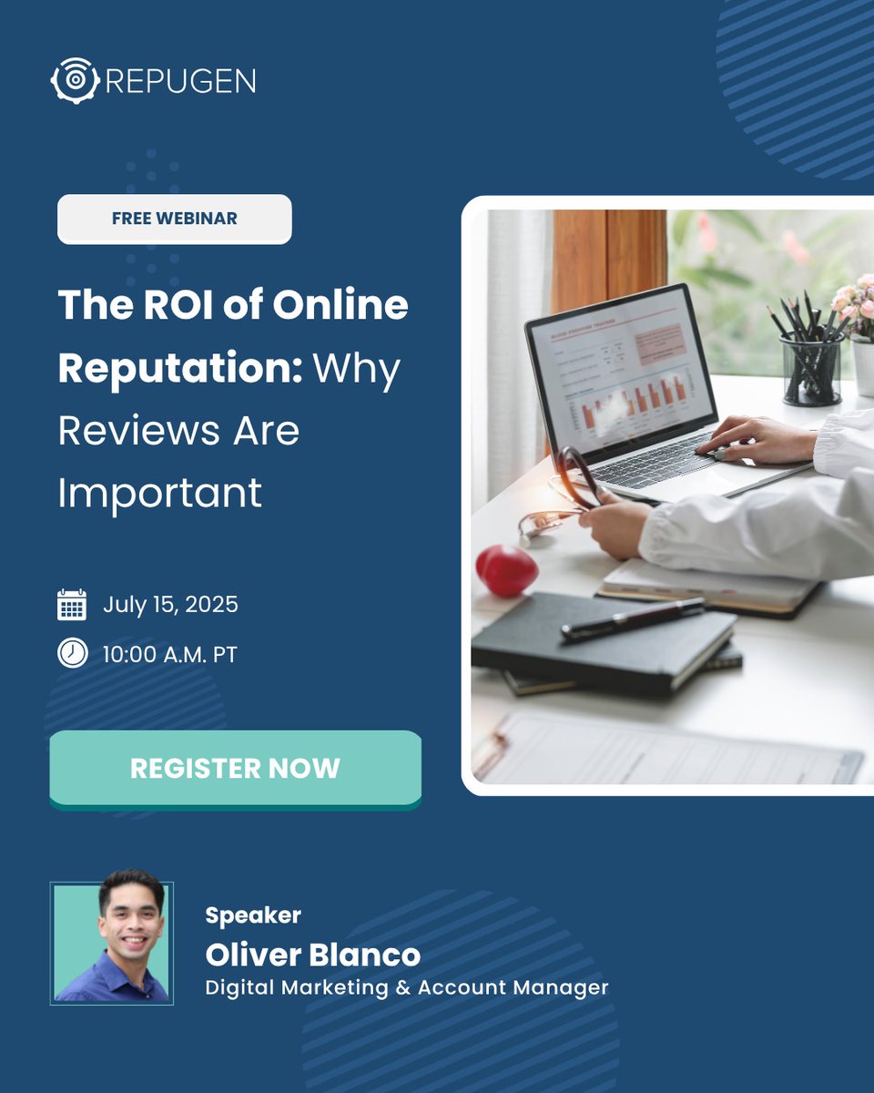 ⏳ 1 day to go!

Still wondering if reviews really matter? Join us tomorrow at 10 AM PDT to see how online reputation builds patient trust and drives ROI. 📈

Register here: us02web.zoom.us/webinar/regist…

#ReputationManagement #PracticeMarketing #OnlineReviews #RepuGen