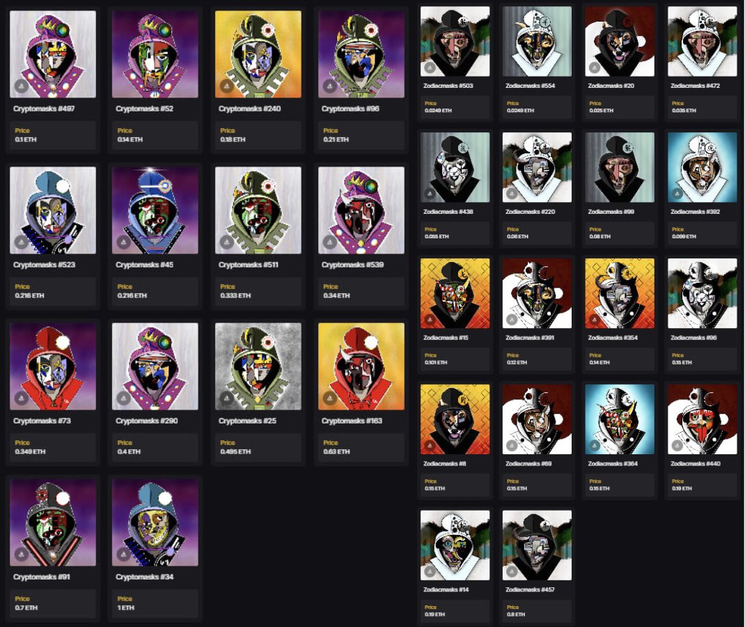 🤍 Only 37 out of 1110 Masks listed!

• 16 Cryptomasks (0.1 - 1 ETH)
5 common, 2 rare, 6 epic, 1 legendary

• 21 Zodiacmasks (0.025 - 0.8 ETH)
Including 6 B&amp;W hoodies

Each one grants access to the 🎭 family and all associated privileges.

Maybe it’s time to find yours…