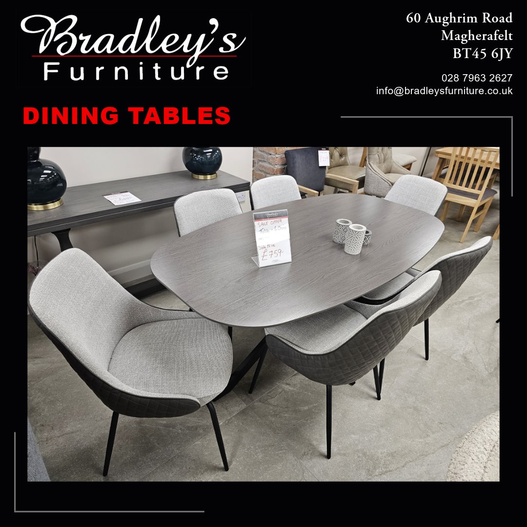 Bradleys_Furn's tweet photo. Dining Table with 6 Chairs – Only £759 
Available in a choice of finishes and chair fabrics. Great value for a complete set. 
Call into Bradley’s Furniture today. 
.
#Magherafelt #MidUlster #BradleysFurniture https://t.co/p2bemLcXsl