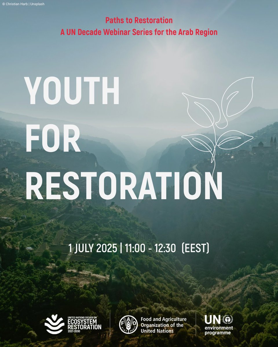 FAOinNENA_EN's tweet photo. 🚨Happening now!
@FAO & @UNEP kick off the first “Paths to Restoration” #UNDecade webinar, highlighting youth innovation & leadership for ecosystem restoration.
Today's discussions focus on pathways to empower young people as restoration champions across the NENA region. 🌱🌍 https://t.co/9684mE6QWS