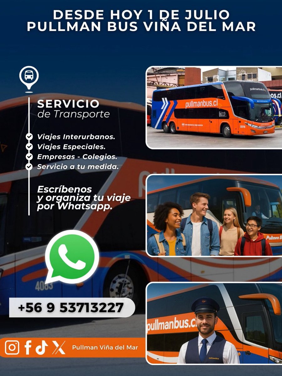 Desde hoy, 1 de Julio puedes agendar tus viajes por WhatsApp en Pullman Bus Viña del Mar.🚍

Empieza a organizar tu semana con facilidad y escríbenos. 🤩

wa.me/message/KVM3CQ…