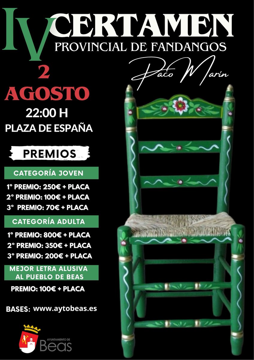 DipuHU's tweet photo. 🪑🗣️#Beas acogerá el IV #CertamenProvincial de #Fandangos ‘Paco Marín’ el próximo #2agosto
➕ℹ️ https://t.co/e94r9MKRK3 https://t.co/O40dLNmOBg