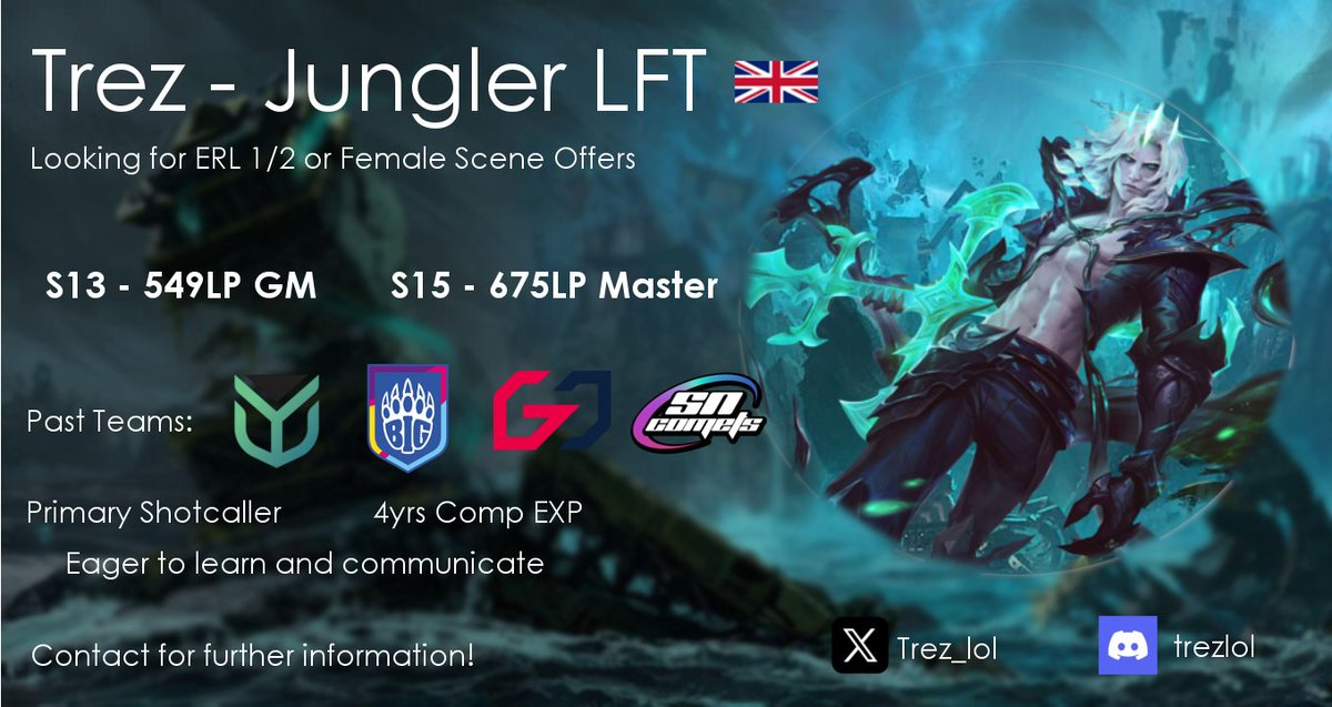 LFT as Jungler for rest of 2025 (might start my own project anyway)

Aiming for Game Changers or ERL1/2 teamwhere I can grow alot.

Willing to roleswap toplane for right GC roster, or work as staff for any fem team while I search.

DM for references and VoDs!

♥️&amp;🔁appreciated