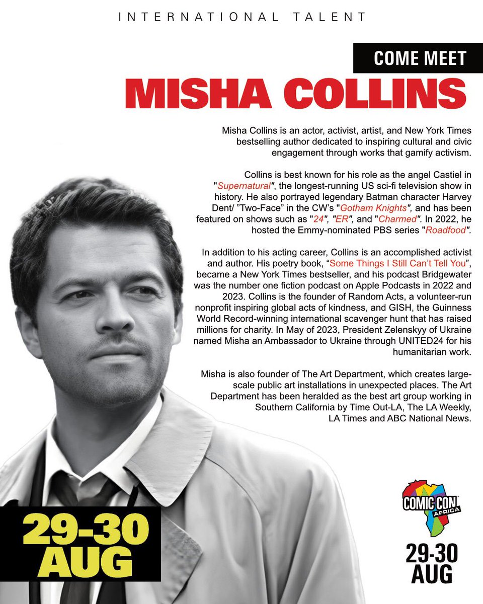 🚨 FIRST INTL GUEST ALERT! 🚨

Misha Collins aka Castiel from Supernatural is landing at #ComicConAfrica! 🖤

Catch him 29–30 Aug at JHB Expo Centre. From Supernatural to Gotham Knights, Roadfood, and more — he’s an icon.

🎟️ Photo &amp; Auto tix on Howler. Don’t miss it!