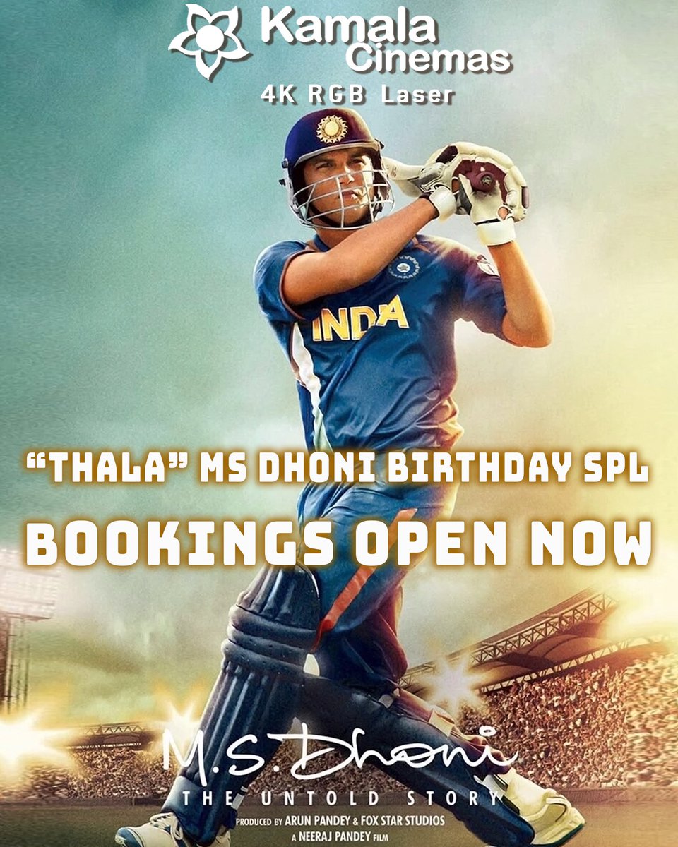 Yes, we heard you #MSDhoni𓃵 Fans ! 

Bookings open now for M.S. Dhoni : The Untold Story at Kamala Main Screen on MSD Birthday (7th July 2025) 🔥

Book Now ! 
#MSD <a href="/msdhoni/">Mahendra Singh Dhoni</a> #Thala #CaptainCool