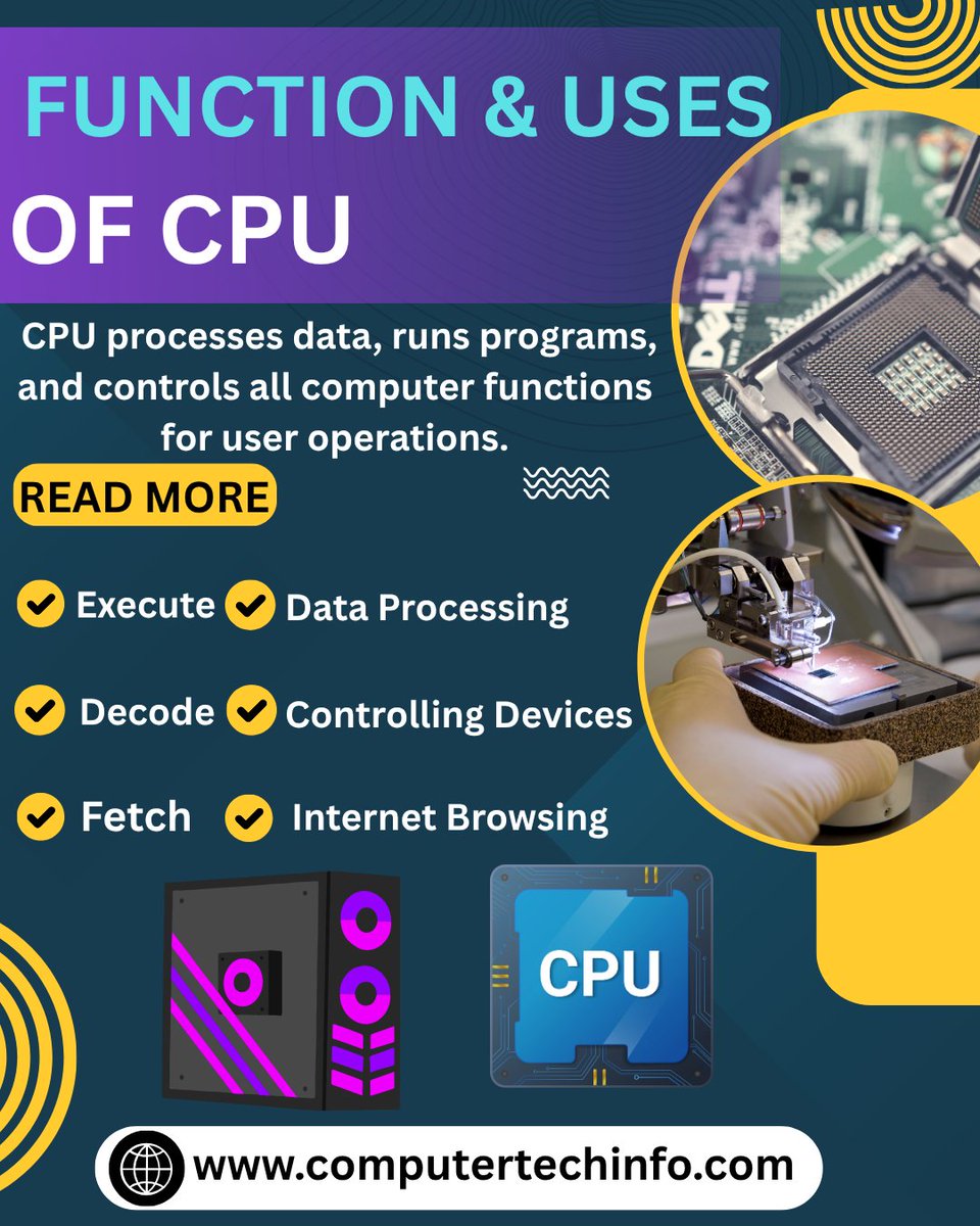 Computertech001's tweet image. 🧠 𝗙𝘂𝗻𝗰𝘁𝗶𝗼𝗻 𝗮𝗻𝗱 𝗨𝘀𝗲𝘀 𝗼𝗳 𝗖𝗣𝗨: 𝗧𝗵𝗲 𝗕𝗿𝗮𝗶𝗻 𝗕𝗲𝗵𝗶𝗻𝗱 𝗘𝘃𝗲𝗿𝘆 𝗖𝗼𝗺𝗽𝘂𝘁𝗲𝗿

⚙️ The CPU (Central Processing Unit) controls all tasks and operations in a computer.

READ MORE -  tinyurl.com/5yjrr5rv

#TechBasics #CPUUses #ComputerKnowledge
