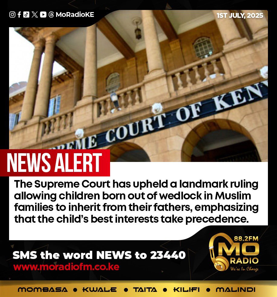 The recent ruling by the Supreme Court of Kenya on the Right to Inherit for Muslim Children Born out of Wedlock is a blatant contradiction of Article 24(4) which acknowledges the application of Islamic Law on matters of marriage, divorce and inheritance for Muslims in Kenya as