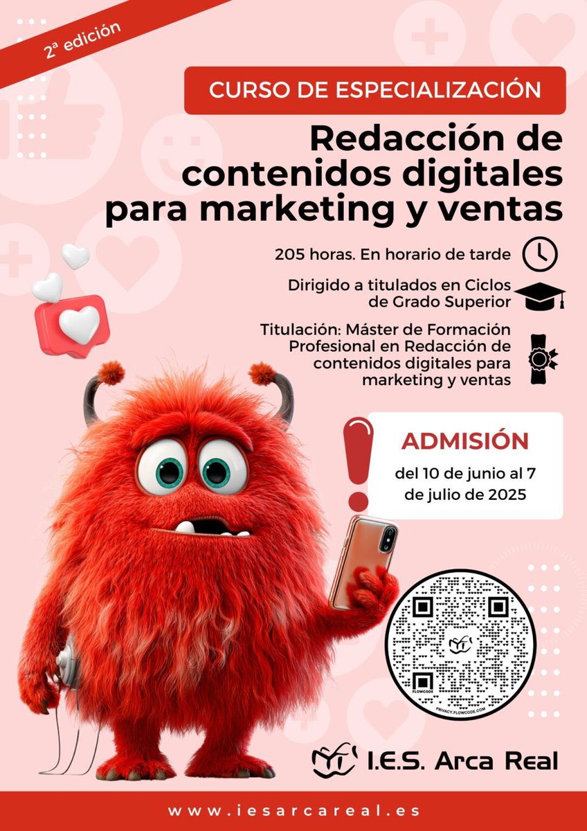 En septiembre vuelve el curso más 🔝 del marketing digital al Arca Real:
🎓 Máster FP en Redacción de Contenidos Digitales para Marketing y Ventas
📚 205h | 🕔 Tardes | 🎯 Titulados en Grado Superior
📅 Admisión: 10 junio – 7 julio 2025
🔗 bit.ly/4l0lrye