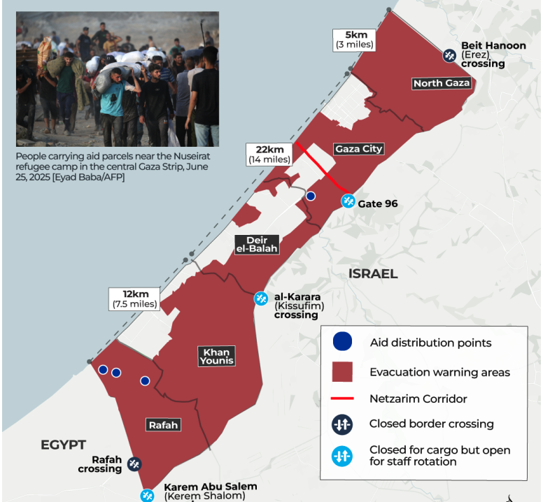 JaninaDill's tweet photo. Now the number of #GHF distribution sites &amp; their location exclusively South of the #Netzarim Corridor raise the suspicion that Israel is using food to displace the civilian population from the North. Forced transfer of a civilian pop. in an occupied territory is a war crime. https://t.co/rIvvDn30vC