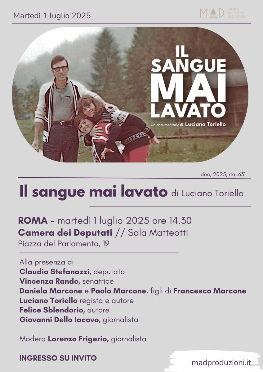 #Roma #1luglio <a href="/Montecitorio/">Camera dei deputati</a> 
“Il sangue mai lavato”

Il doc racconta la storia di #FrancescoMarcone, direttore dell’Ufficio del Registro di #Foggia ucciso dalla criminalità organizzata il 31 marzo 1995.

<a href="/danimarcone12/">Daniela Marcone </a> <a href="/EnzaRando/">Sen. Enza Rando</a> @lucianotoriello <a href="/_Sblendorio/">Felice Sblendorio</a> <a href="/lorenz_frigerio/">Lorenzo Frigerio</a>