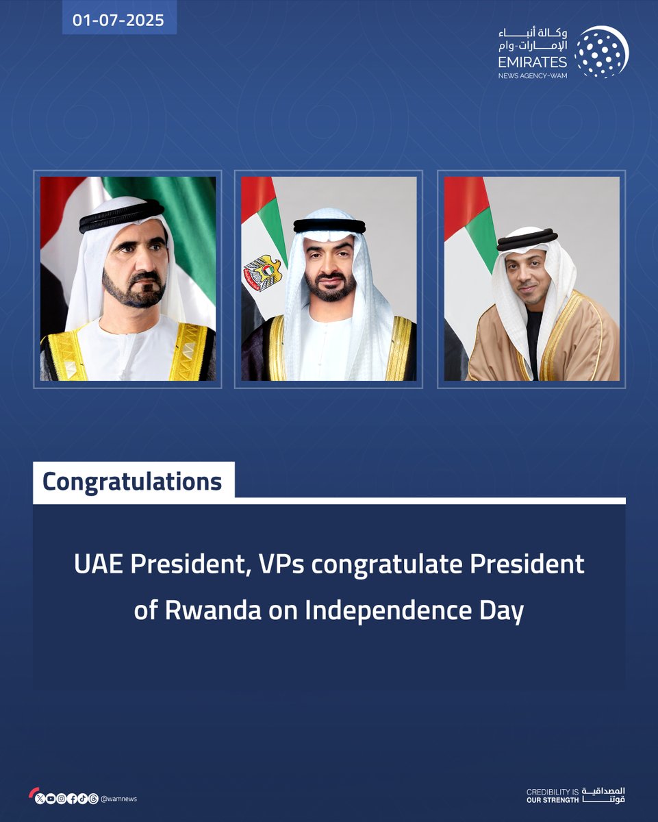 UAE President, VPs congratulate President of #Rwanda on Independence Day

#WamNews 
wam.ae/a/bkgq3um