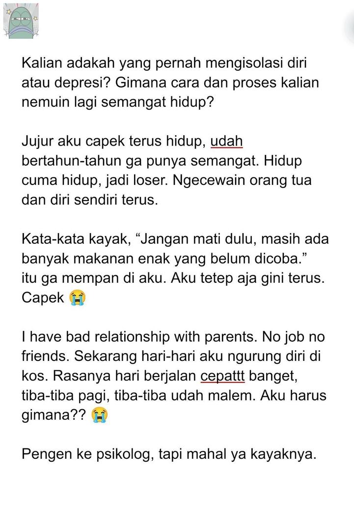 💚 Rasanya udah capek banget. Kalian ada cerita kah gimana proses kalian nemuin semangat hidup lagi?