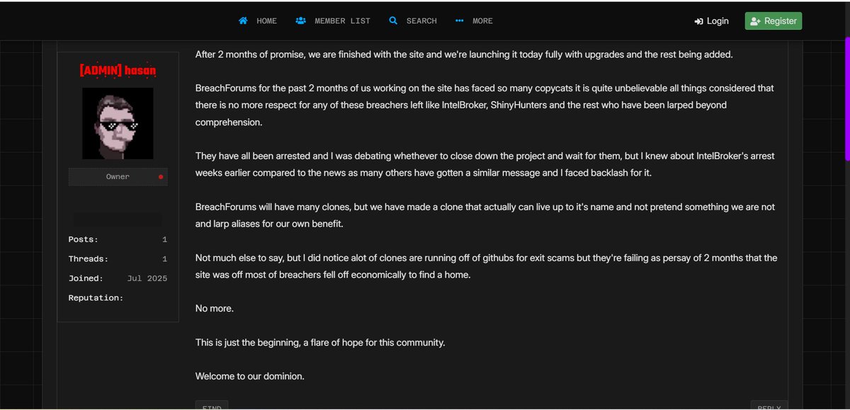 DarkAtlasSquad's tweet photo. #BreachForums is back—again. After months of chaos, arrests, and endless clones, promise to restore the original community. But with so many copycats, exit scams, and law enforcement takedowns #BreachForums #DarkAtlas #IntelBroker https://t.co/epJ2njIZPj