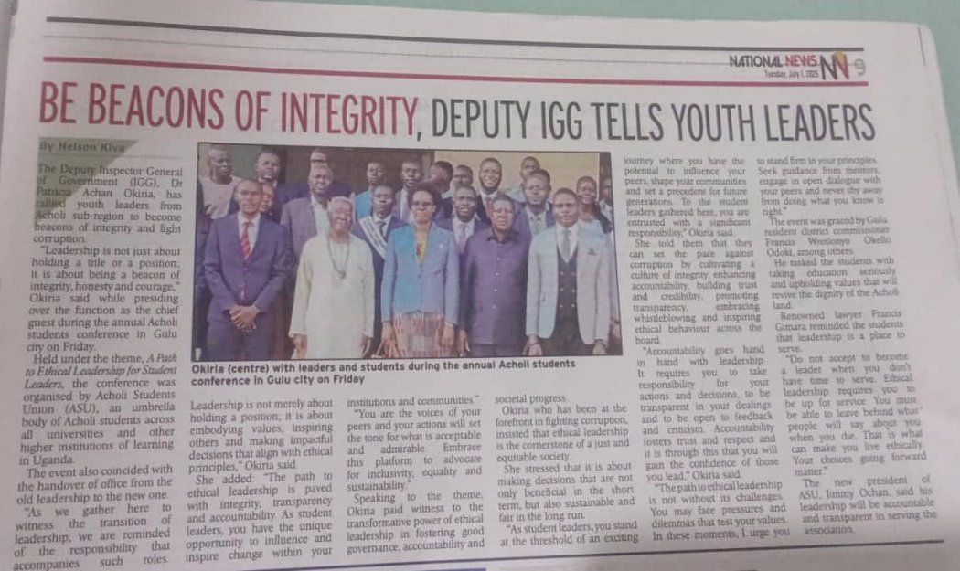 Dr Patricia Achan Okiria (@drokiria) on Twitter photo Featured in today's <a href="/newvisionwire/">The New Vision</a> 👏. I'm humbled to share my conversation with youth leaders on the importance of integrity in leadership. Let's inspire positive change in our communities, choose to be an integral leader in your community.
#IntegrityMatters #Leadership Featured in today's <a href="/newvisionwire/">The New Vision</a> 👏. I'm humbled to share my conversation with youth leaders on the importance of integrity in leadership. Let's inspire positive change in our communities, choose to be an integral leader in your community.
#IntegrityMatters #Leadership