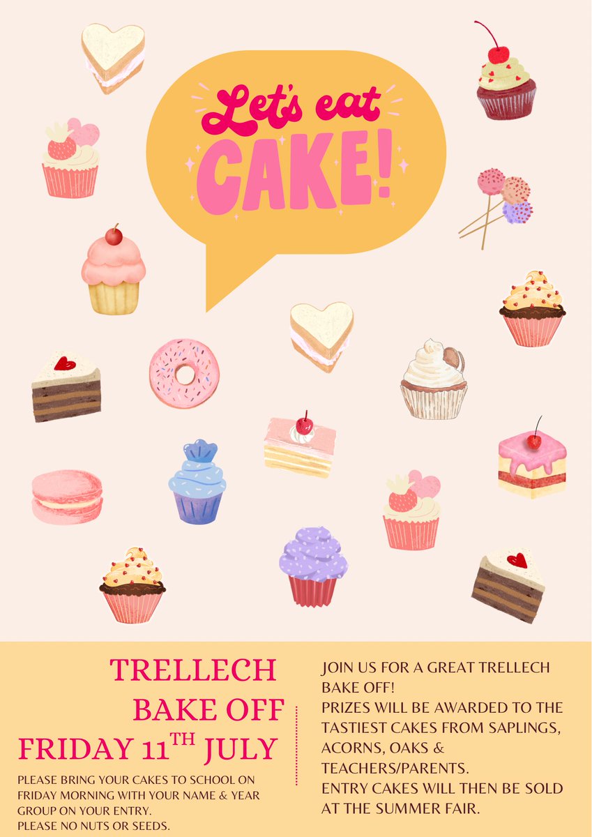 Trellech Primary PTFA (@trellechptfa) on Twitter photo Did someone say CAKE?!
Join us for the <a href="/TrellechPrimary/">Trellech Primary Sch</a> bake off on 11th July. Prizes will be awarded and then all cakes will be sold at the summer fair. 😋🧁🍰🥞 Did someone say CAKE?!
Join us for the <a href="/TrellechPrimary/">Trellech Primary Sch</a> bake off on 11th July. Prizes will be awarded and then all cakes will be sold at the summer fair. 😋🧁🍰🥞